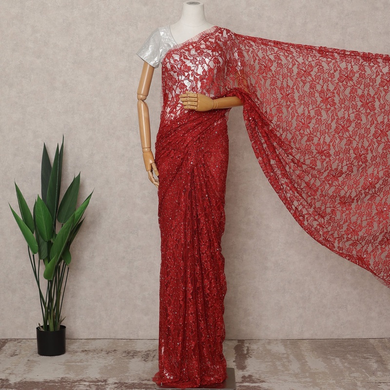Red Premium French 2Tone Chantilly Lace Saree Fabric with Stone Work 5.5 Meters Length, 110 Cms Width, Imported from France-D25727