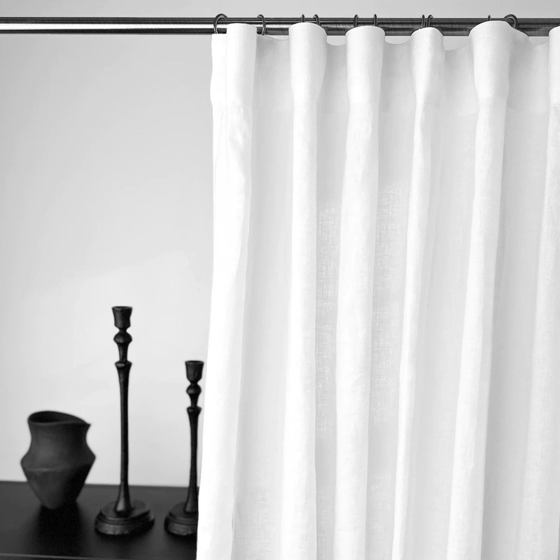 S-fold White Linen Curtain Panel with Blackout Lining - Heading for Rings and Hooks - Linen Darkening Curtain