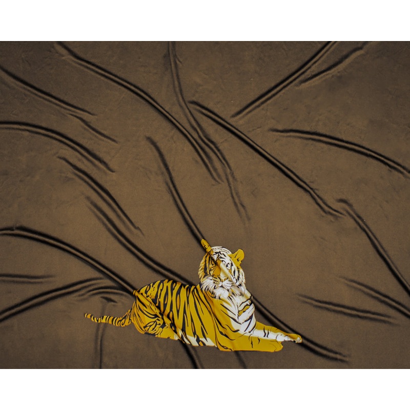 Brown-Yellow-Multi Tiger Motif Panel Printed Stretch Silk Jersey Knit Fabric