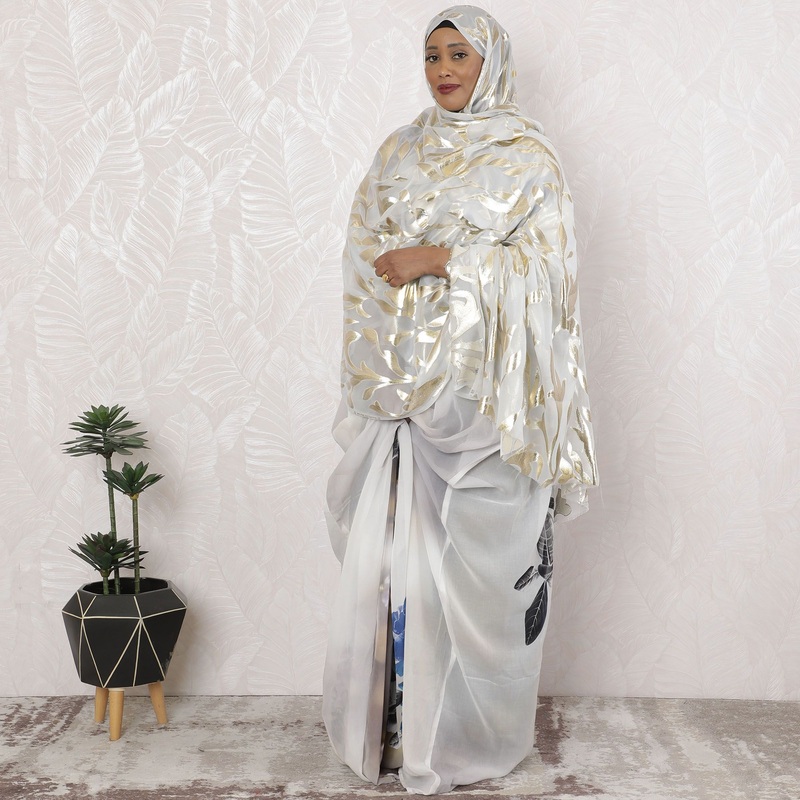 Gleaming Ivory Pure Silk Chiffon Fabric with Golden Leaf Patterns, 110cm Width - Traditional Garbasaar, Piece of 2.0 Mtrs-D18622