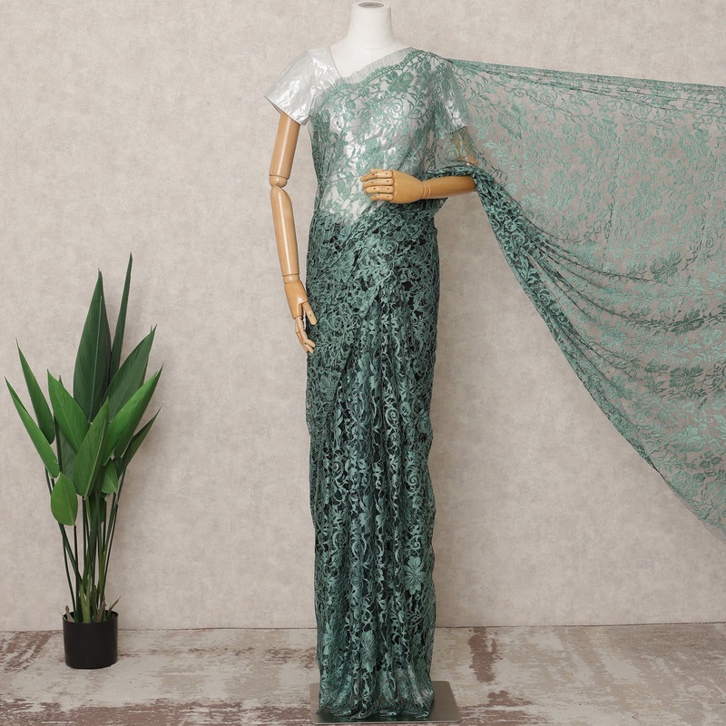 Sea Green Premium 2-Tone French Chantilly Lace Saree Fabric 5.5 Mtrs with 110 Cms Width Imported from France-D25644