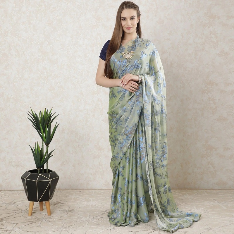 Swamp green Premium pure French silk chiffon saree with royal blue and copper brown metallic lurex in floral design-D10203