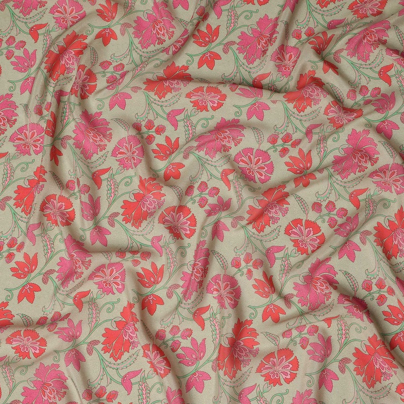 Beige Floral Printed Premium Pure Silk Crepe Fabric 110 Cms From India-D27250