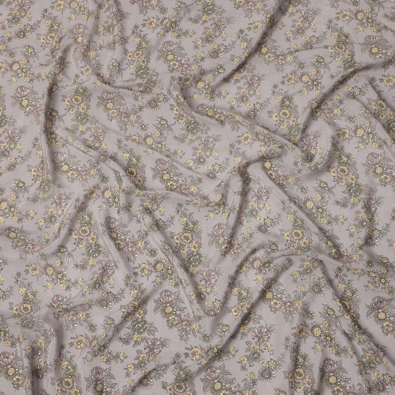 Grey Yellow Floral Pattern Pure Silk Crepe Fabric with Stone Work, Width 110 Cms, Made in India-D26072