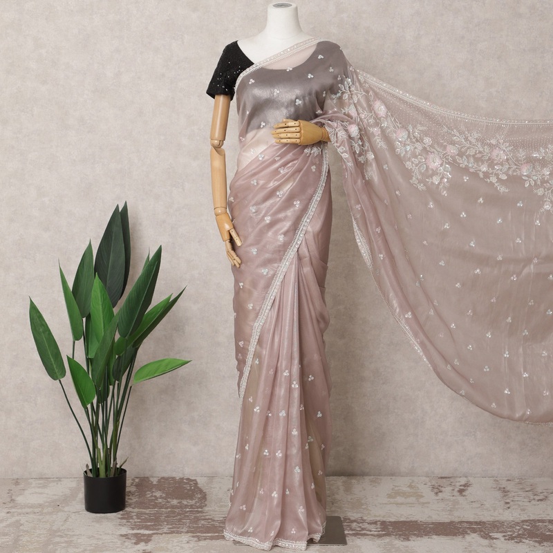 Dusty Rose & Grey Premium Silk Organza Saree 5.5 Meters, Elegant Embroidery-D21859