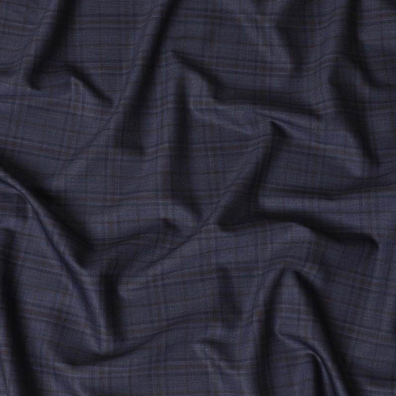 Indigo blue Premium Super 130's Italian blended wool suiting fabric with brown checks design-D10818