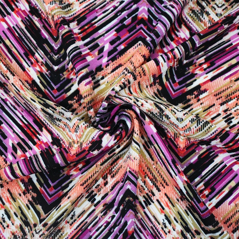 Purple-Coral-Multi Poly Abstract Tribal Chevron Printed Crepe Woven Fabric