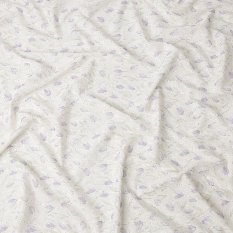 White and Lavender Leaf Embroidered Cotton Viscose Fabric, 140 Cms Width, Made in China-D26229