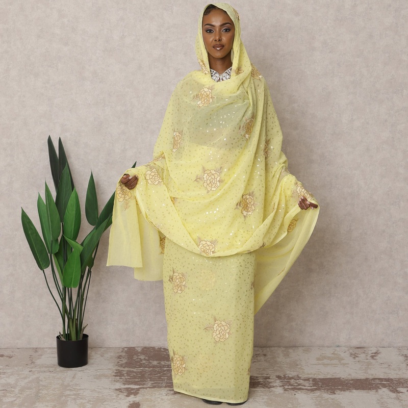 Yellow Traditional Sudanese Thobe Pure Cotton Voile Embroidery Fabric, 4.5 Meters, 140 cm Width, India-D22462