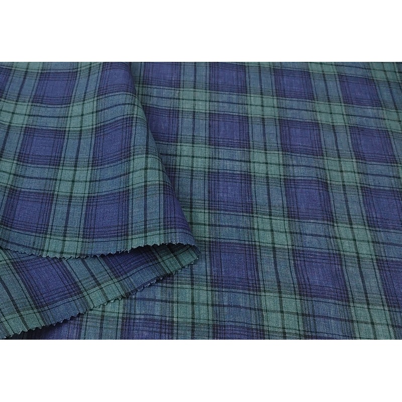 100% Linen Fabric Modern Tartan Plaid in Navy & Green | Soft & Pre-Washed 7274 Green(dark)