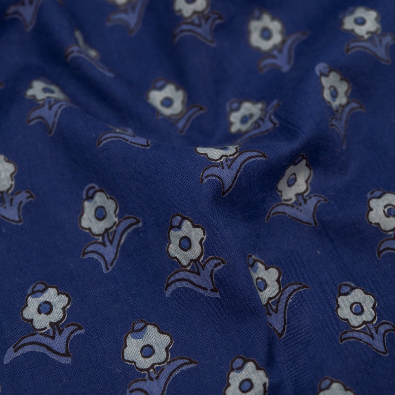 Bloom Block Printed Organic Cotton Batiste - Indigo/Bluestone/Mist