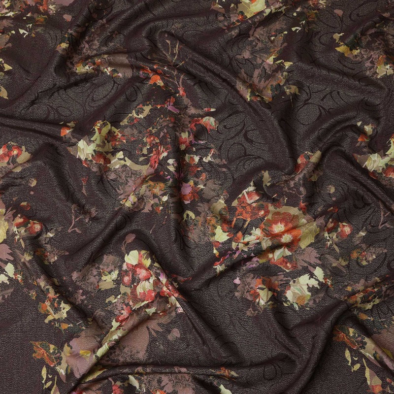 Dark Plum Pure Silk Satin Fabric with Multicolor Floral Print 140 cm, Imported from Spain-D22291