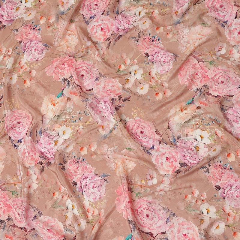 Soft Natural Beige Floral Printed Pure Silk Crepe Fabric Lightweight Elegant Dress Material 110cm Width Premium Quality Soft Finish Indian Origin - 1065557