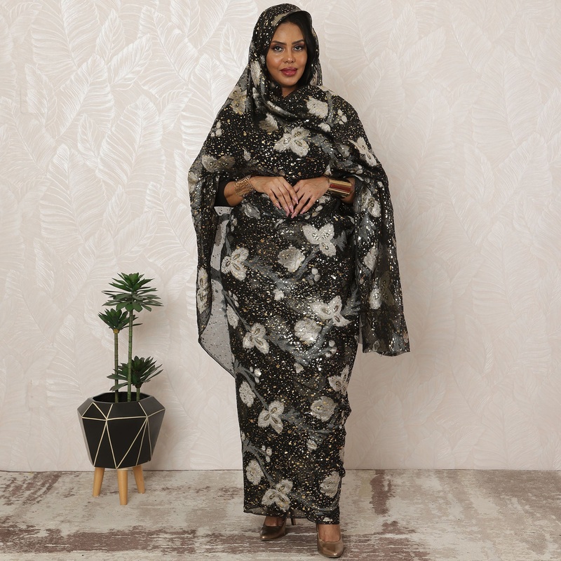 Black and Gold Sudanese Thobe Fabric in Premium Silk Chiffon (Fransawi) with Metallic Lurex and Foil, 4.5 Meters, 110 cm Width-D20370