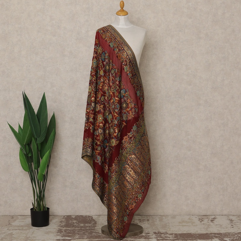 Maroon Premium Kashmiri Pashmina Shawl with Intricate Floral Weaves, 225X80 CMS Width, India-D26951
