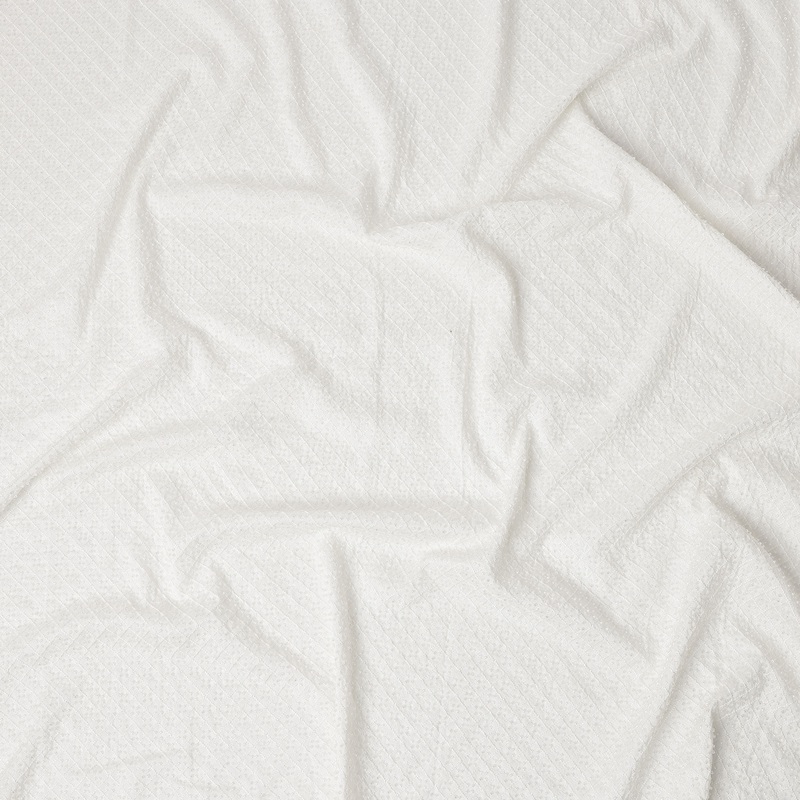 White Self-Embroidered Diamond Pattern Synthetic Viscose Fabric, 110 Cms Width, Made in India-D26370