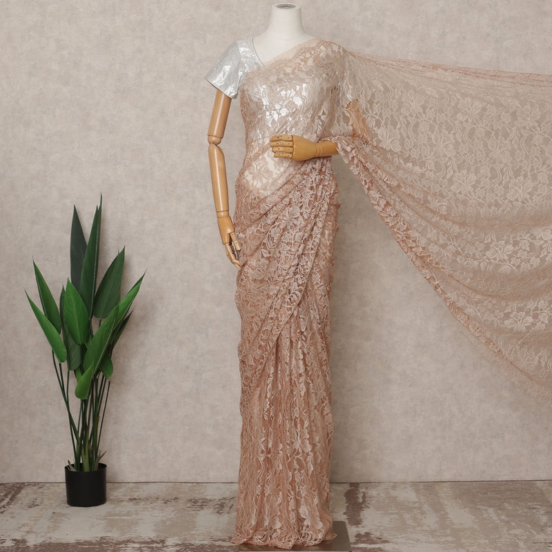 Peach Premium French 2-Tone Chantilly Lace Saree Fabric 5.5 Meters Length, 110 Cms Width, Imported from France-D25704