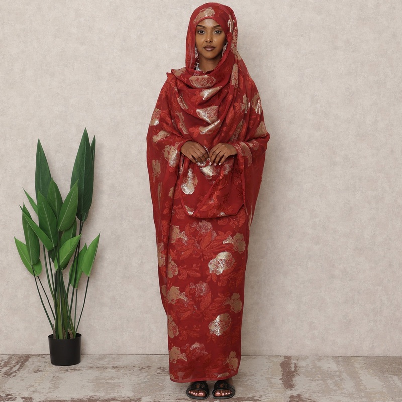 Red Fransawi Traditional Sudanese Thobe with 4.5 Mtrs Pure French Silk Chiffon & Metallic Lurex Fabric, Width 140 Cms, Made in France-D24488