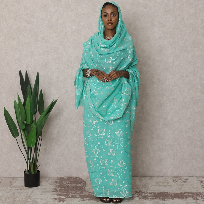 Aqua Traditional Premium Sudanese Thobe Cotton Voile Embroidery Fabric, 4.5 Meters, 140 cm Width, India-D22505