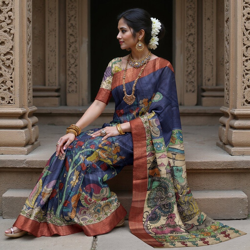 Blue Tussar Silk Pen Kalamkari Saree with Handpainted Mythological Illustrations, Width 110 Cms, Origin: Sri Kalahasthi, India, 5.5 Mtrs with Blouse Piece-D22867