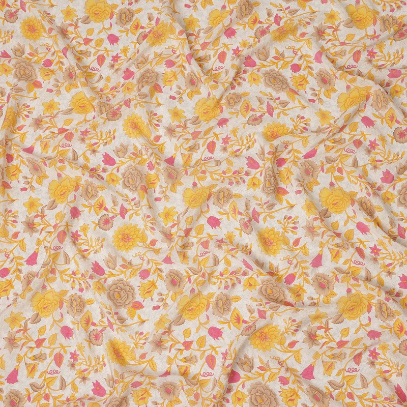 Cream Yellow Pink Floral Garden Printed Pure Silk Crepe Fabric Lightweight Soft Draping Dress Material 110 Cms Width India Origin-D28804