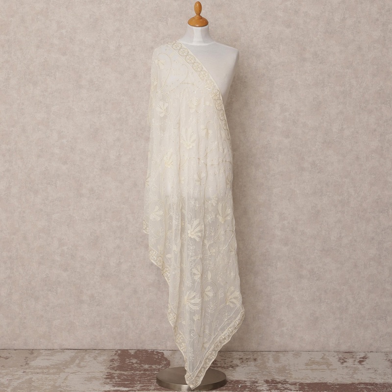 Off White Floral Embroidered Synthetic Georgette Dupatta with Sequin Detailing, Size 210X90 Cms, India-D24842