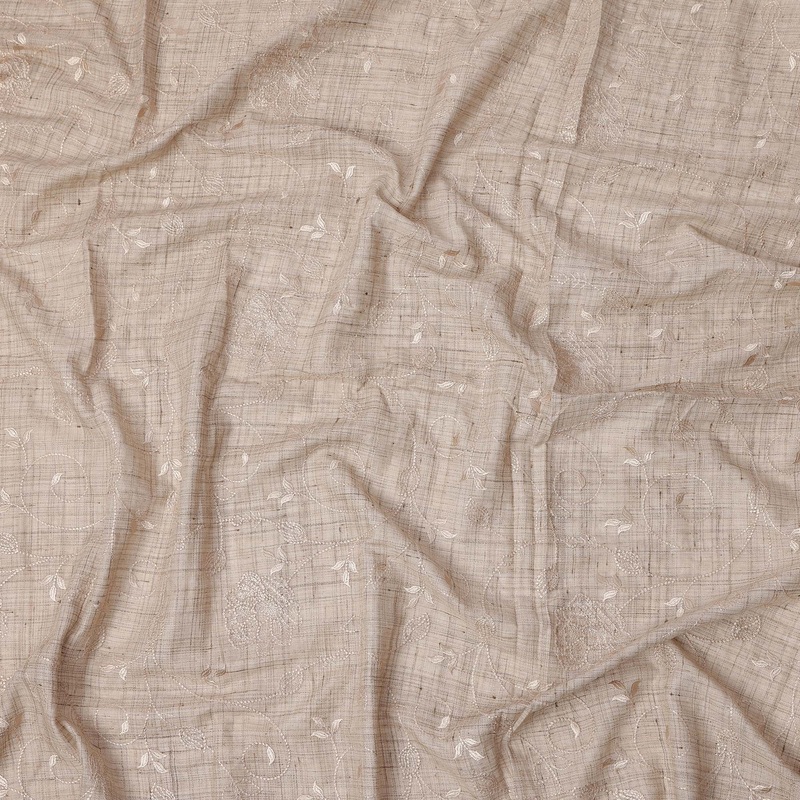 Beige Self Floral Embroidered Cotton Voile Fabric with Subtle Threadwork, 110 Cms Width, India-D25328
