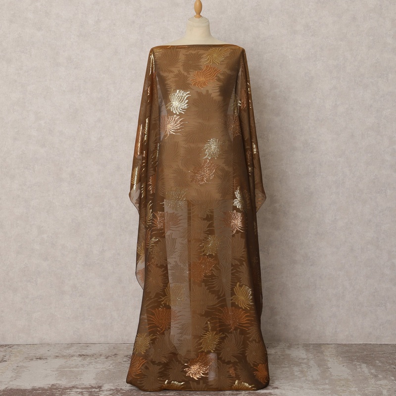 Brown Fransawi Silk Chiffon Dirac fabric with Metallic Lurex in Abstract Design - 3.5 Meters X 140 Cms-D21598
