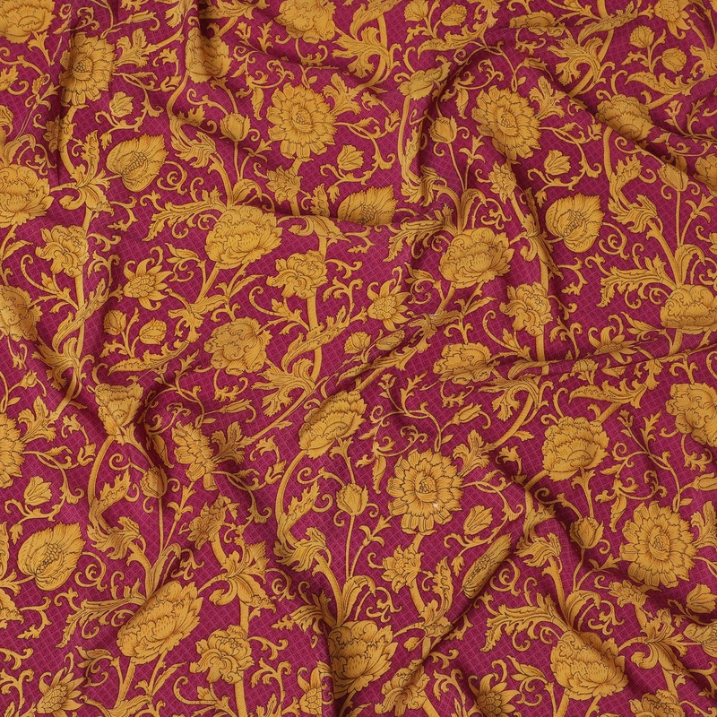 Regal Burgundy Synthetic Crepe Fabric with Golden Floral Print, 110 cm Width - Exclusive Last Piece-D19350(1.1Mtrs Piece)