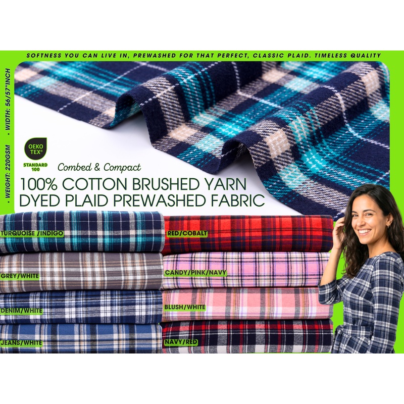 100% Cotton Brushed Yarn Dyed Plaid Prewashed Fabric Combed And Mercerised TURQUOISE / INDIGO