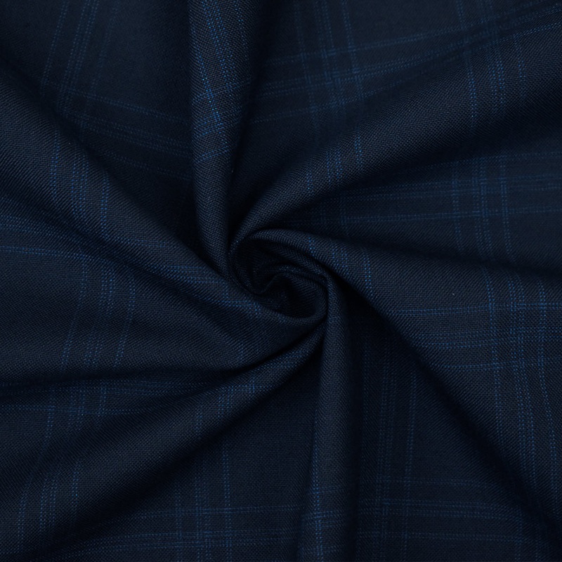 Deep Navy-Blue Wool Poly Check Plaid Woven Shirting Woven Fabric