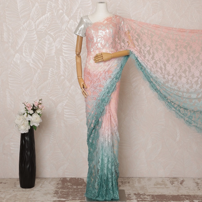 Peach and Mint Green Ombre Premium French Chantilly Saree Lace - 5.5 Meters, Floral Design, 110 cm Width-D20753