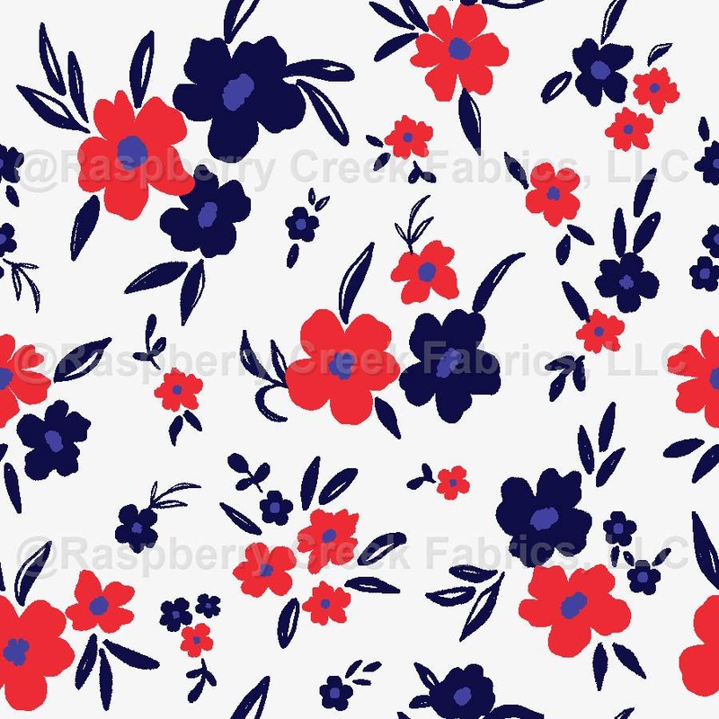 Red and Blue Floral Pattern -Vibrant Flowers on White Background