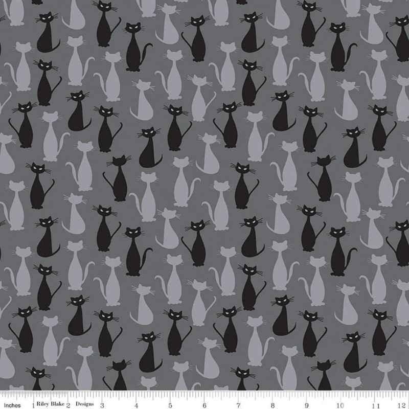 Spooky Hollow Cats Halloween Cotton Fabric Charcoal