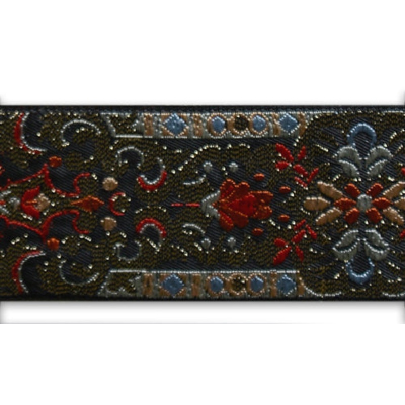 1 1/4" Burnt Orange & Baby Blue Metallic Floral Medallions Woven Ribbon
