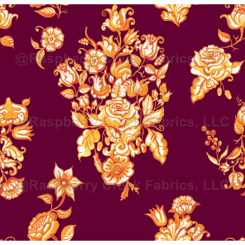A hand-painted floral pattern inspired by traditional Portuguese azulejos. Delicate blossoms and leafy motifs unfold in rich yellow red and burgundy color background.