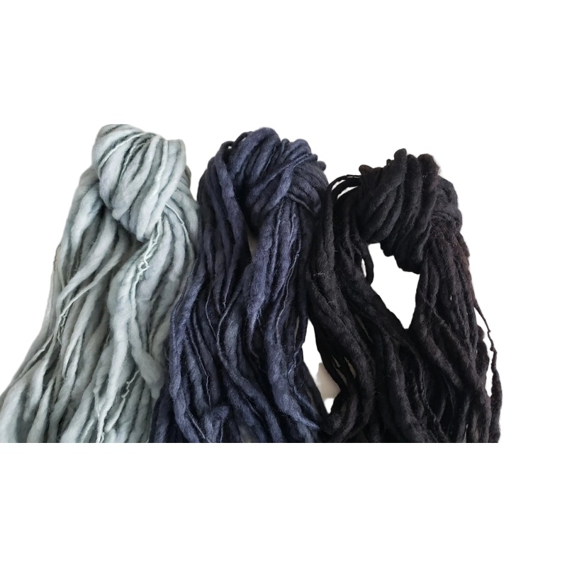 Slubby Kit Bundle - 3 SHADES of BLUE/BLACK - OOAK - 25 gr 24 CUT STRANDS each shade - Merino/Blue Face Leicester - Hand Dyed Textured Yarn Thick and Thin