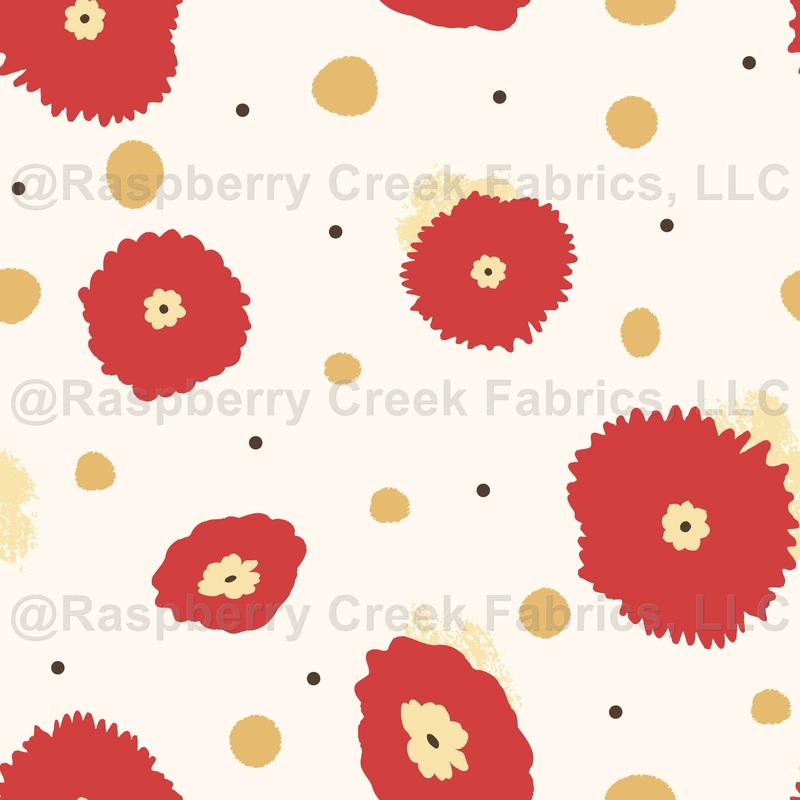 Red Vermillion and Flax Abstract Florals with Textured Gold Circles and Rosewood Dots - Botanical Accent - Spring & Summer Blueberry Botanicals