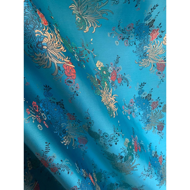 Turquoise Mums Floral - Faux Silk Brocade Jacquard Fabric