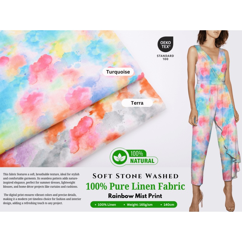 100% Pure Linen Stonewashed Rainbow Mist Print Fabric - 20819 Terra -445