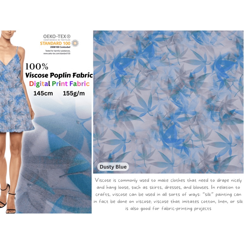 100 % Viscose Poplin Digital Print Fabric - 1093 Dusty Blue