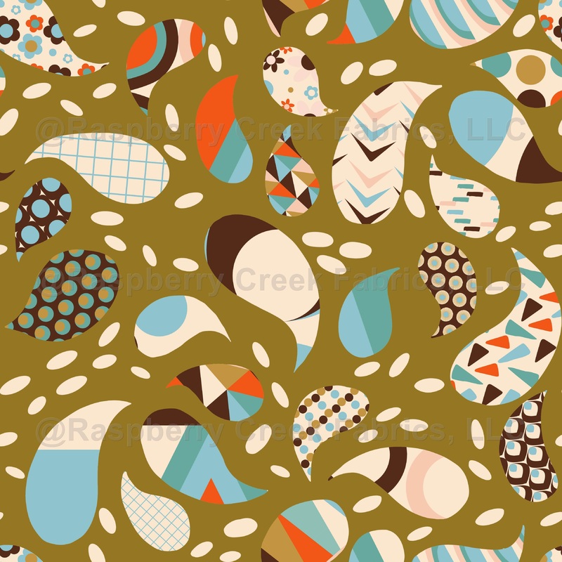 Retro Patchwork Paisley Green Mid Century Modern Fabric
