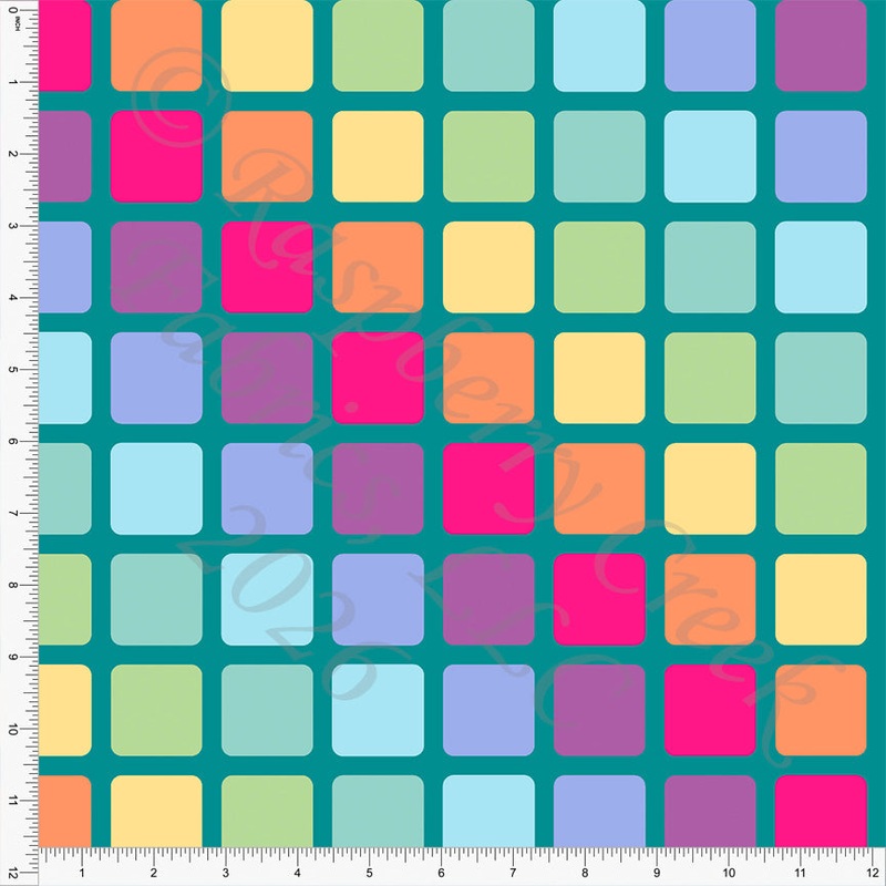 Peacock Light Blue Deep Lilac Lipstick Orange Rainbow Checkers, Geo Rainbow by Kelsey Shaw for CLUB Fabrics