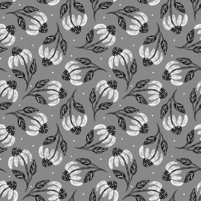 Scattered Echinacea Block Print Floral on Gray- Medium Scale