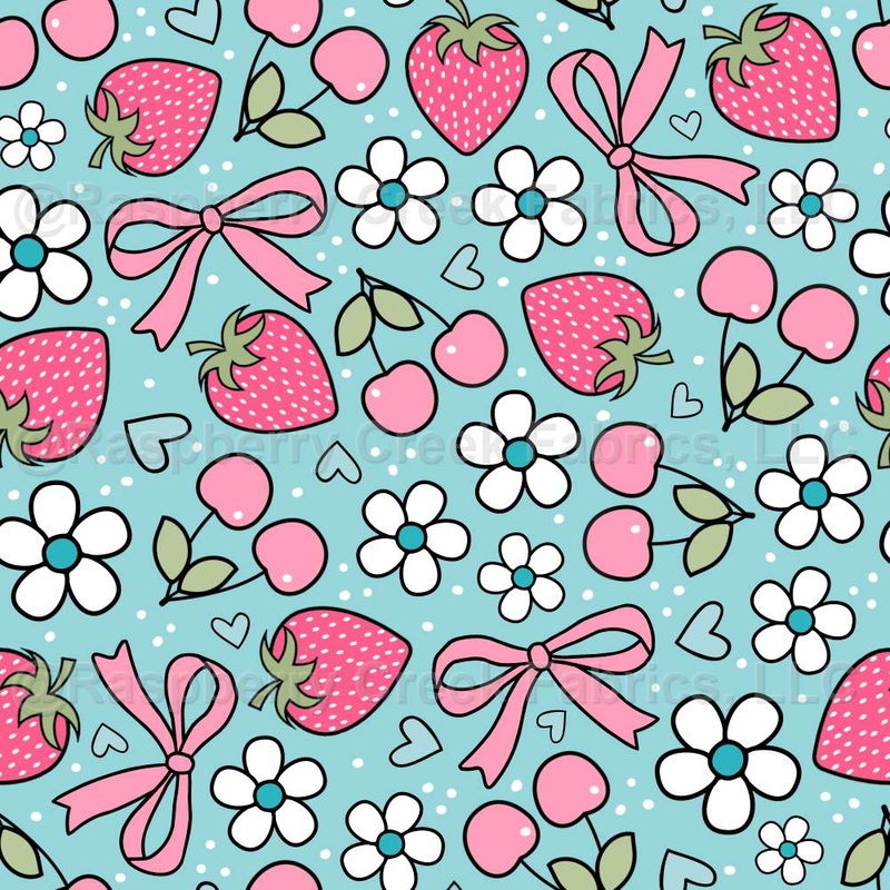 Summer Strawberries and Cherries in Blue and Pink
