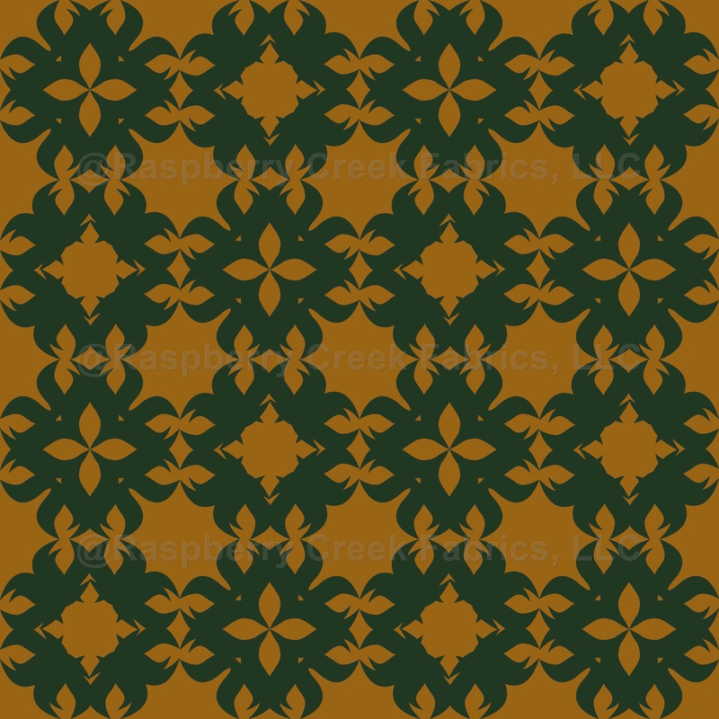 Floral Pattern, Tribal Flowers, Dark Green and Orange Gold