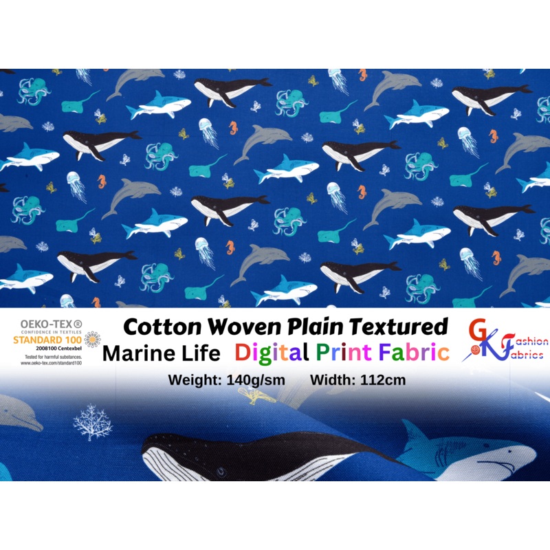 Quilted Cotton Woven Plain Textured Marine Life Digital Print Fabric - D#17