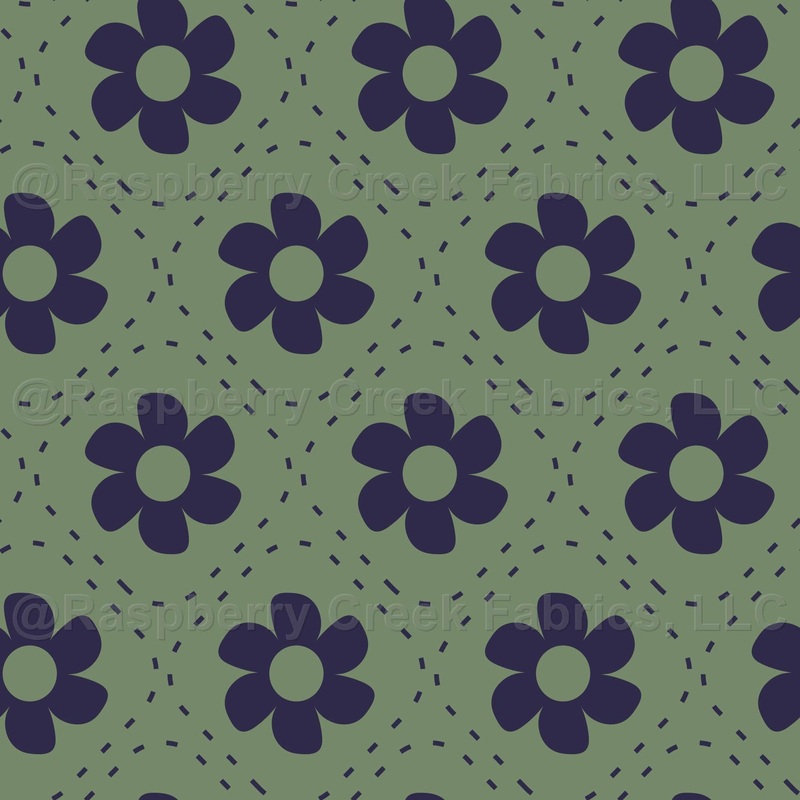 Retro Floral Flower Deep Purple/Navy on Sage