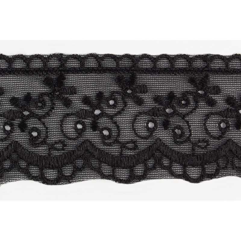 1 3/4" Delicate Black Tricot & Lace Trim (Made in England)