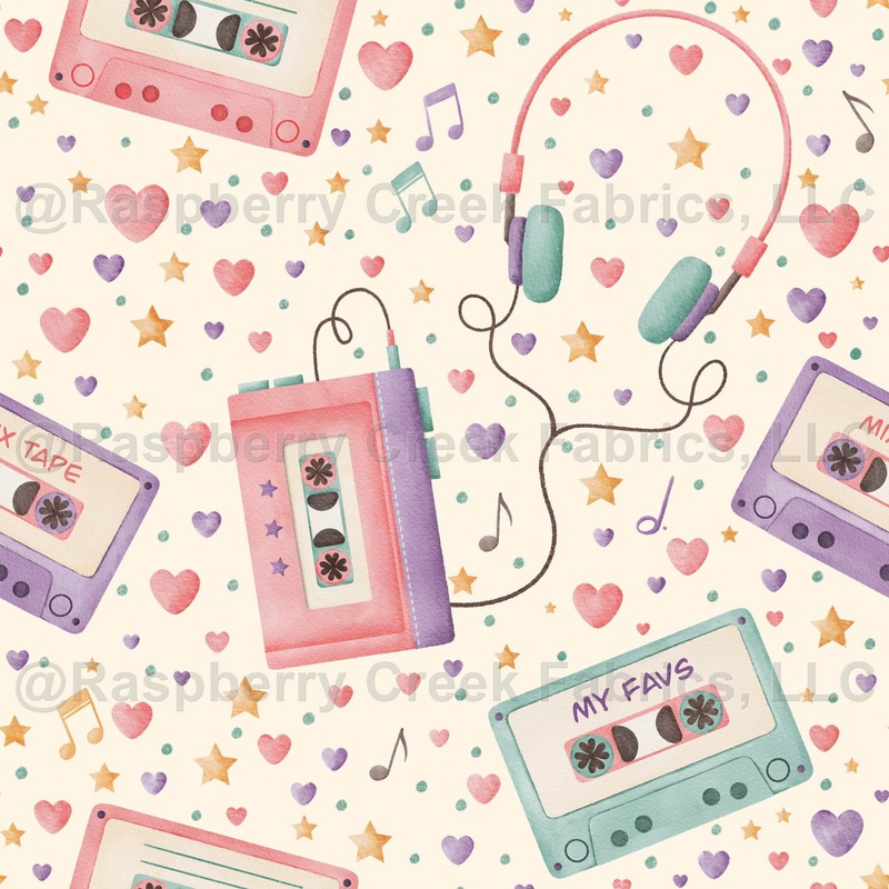 Pastel Retro Mix Tape & Headphones Toss on Cream, 80s Mix Tape Collection by JuneyB Design